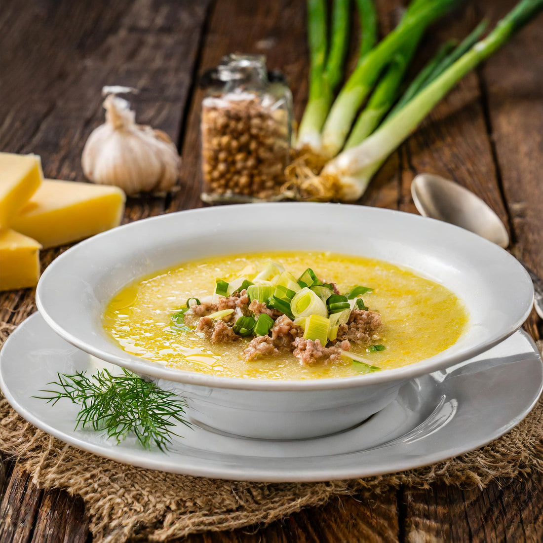 Käse-Lauch-Suppe mit Hackfleisch