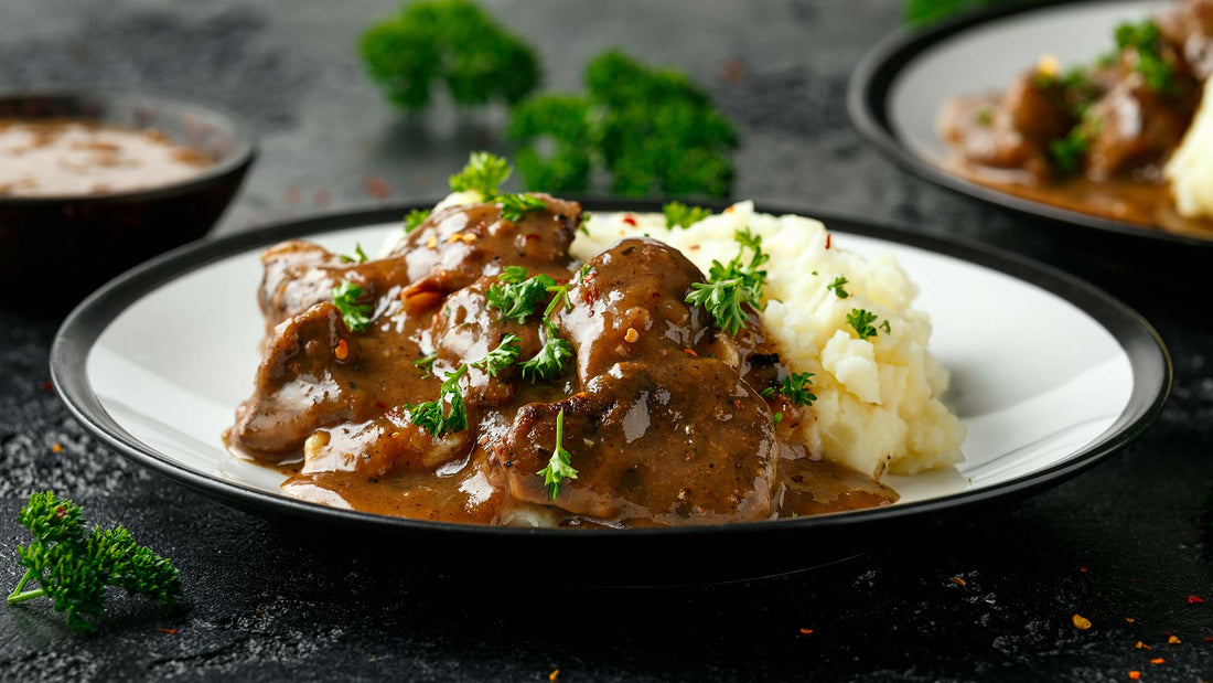 Gebratene Schweineleber mit Bratkartoffelstampf und Portwein-Zwiebelmarmelade